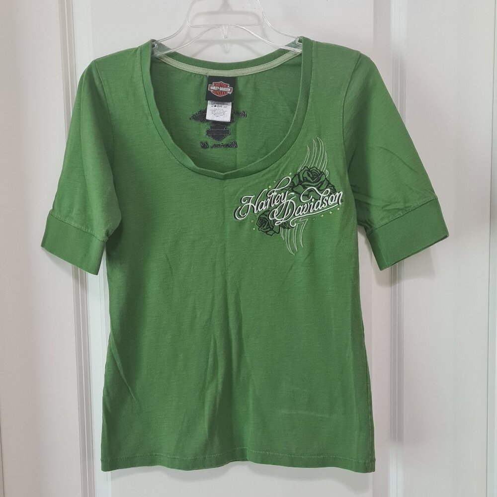 Harley Davidson Green Embellished Top, Medium